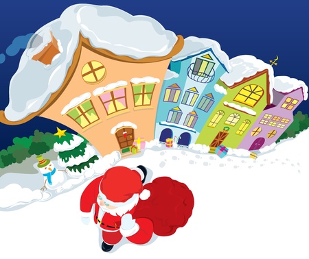 Santa Claus come to the town at nightのイラスト素材