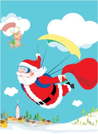 Santa Claus skydiving with his deer and gift deliveryのイラスト素材