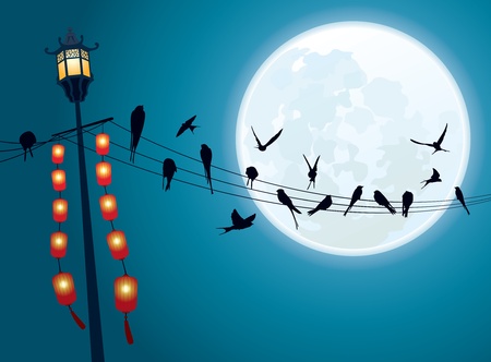Swallows on the string with Full moon backgroundのイラスト素材