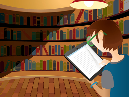 Teenager reading electric device in old libraryのイラスト素材