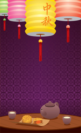 Paper lanterns and Chinese tea illustration, Two Chinese words meant Chinese Mid-autumnのイラスト素材