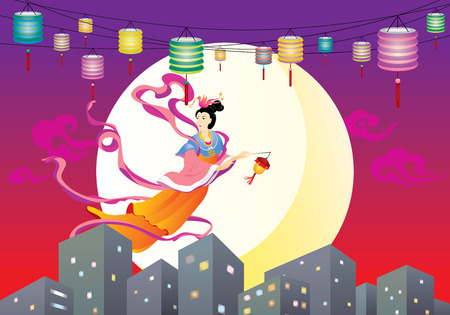 Chinese Fairy flying to the moon in the city, celebrating the mid autumn festival Chinese Fairy flying to the moon in the city, celebrating the mid autumn festival