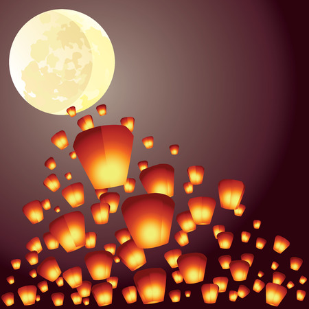 Wish lanterns fly over the full moon illustrationのイラスト素材