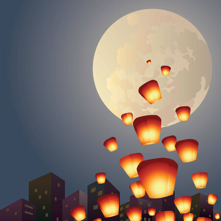 Wish lanterns fly over the full moon illustrationのイラスト素材