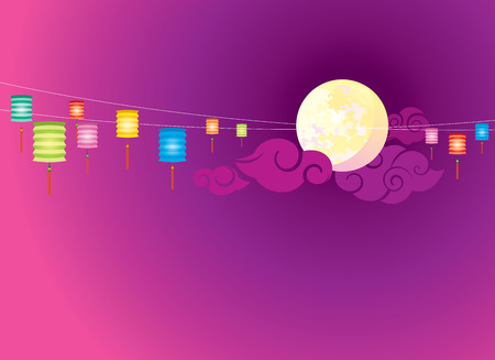Full Moon And Hanging Lanterns Background For The Mid Autumn Festival Or Chinese New Year Royalty Free Vector Graphics