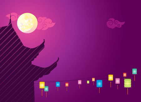 Full moon and hanging lanterns background for the Mid autumn festival or Chinese New Yearのイラスト素材