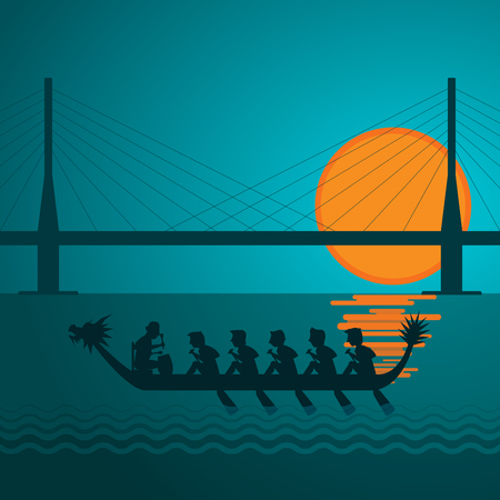 Dragon boat and bridge in sun set vector illustrationのイラスト素材