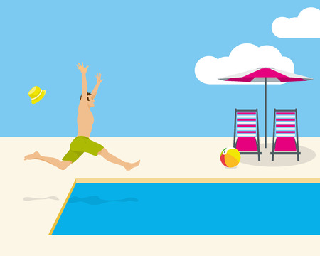 Young man jumping into a tropical swimming pool while on vacations at tropical resortのイラスト素材