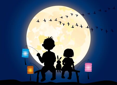 Kids sitting under moonlight vector silhouette illustration celebrating Mid-Autumn festivalのイラスト素材