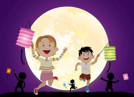 Kids playing lantern under moonlight vector silhouette illustration celebrating Mid-Autumn festivalのイラスト素材