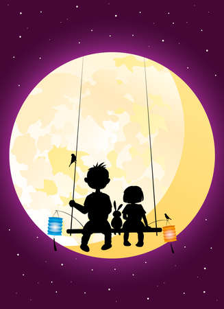 Kids sitting under moonlight vector silhouette illustration celebrating the Mid-Autumn festivalのイラスト素材