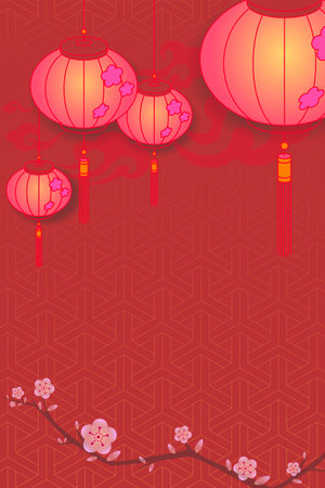 Chinese New Year background with lanterns and cherry blossoms. Vector illustration.のイラスト素材