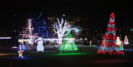 Christmas tree lights on the street at night in Moscow, Russia.の写真素材
