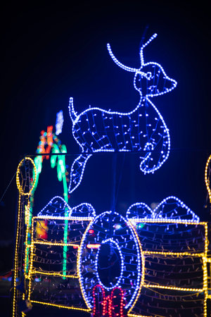 Christmas decoration in the form of a deer on the street at nightの写真素材
