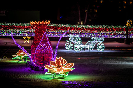 Christmas lights in the city at night. New Year's background.の写真素材