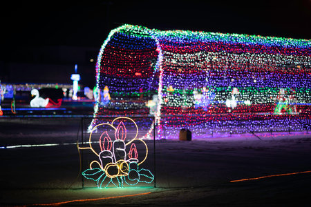 christmas lights on the road at night, closeup of photoの写真素材