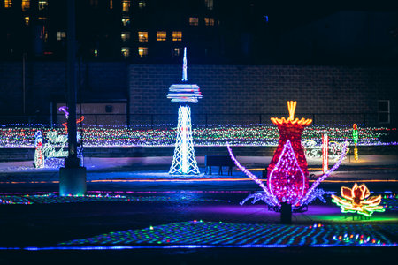 Illuminated London Tower at nightの写真素材