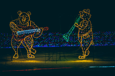 Illustration of a bear playing the saxophone in front of the lightsの写真素材