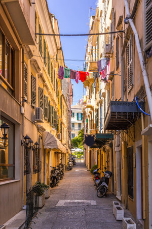 Street in a city on the island of Corfuの写真素材