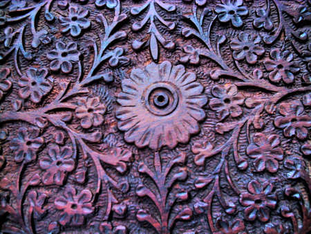 close up of wooden ornament with flower designの写真素材