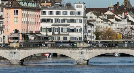 View on Rathausbruecke bridge, Zurich, Switzerland. Close up.のeditorial素材