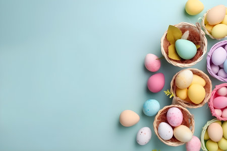 Colorful easter eggs in wicker baskets on blue background.の素材