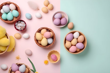 Colorful easter eggs in wicker baskets on pastel backgroundの素材