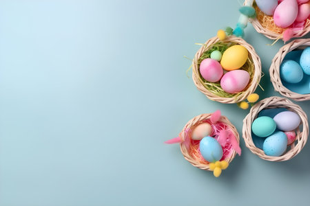 Colorful Easter eggs in basket on blue background with copy space.の素材