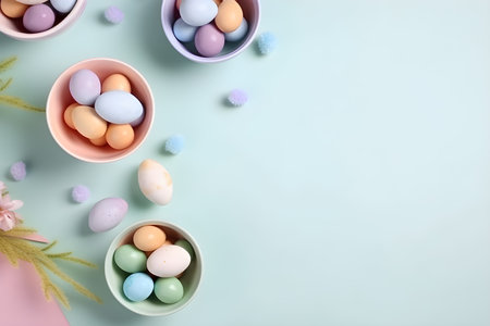 Colorful easter eggs in a bowl on pastel blue backgroundの素材