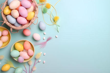 Colorful easter eggs in basket on pastel blue background.の素材