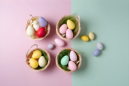Colorful Easter eggs in wicker baskets on pastel background.の素材