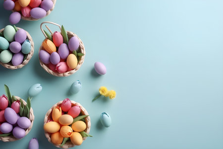Colorful easter eggs in basket on blue background, top viewの素材