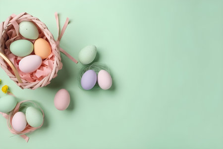 Easter eggs in a basket on a green background with copy spaceの素材