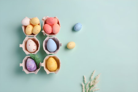 Colorful easter eggs in eggshells on pastel backgroundの素材