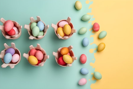 Colorful easter eggs in eggshells on pastel backgroundの素材