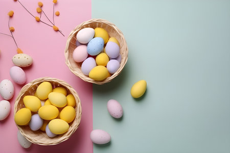 Easter eggs in a basket on a pink and blue background.の素材