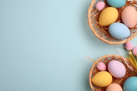 Colorful easter eggs in wicker basket on blue background.の素材
