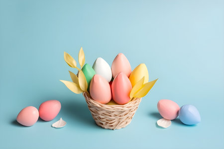 Easter eggs in basket on blue background. Minimal holiday concept.の素材