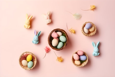 Colorful easter eggs in basket and bunnies on pink backgroundの素材