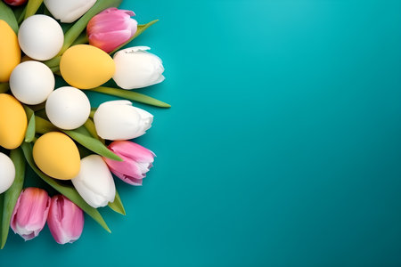 Colorful easter eggs and tulips on green background with copy spaceの素材