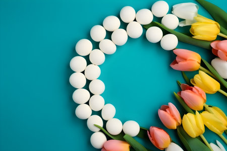 Bouquet of tulips and easter eggs on blue backgroundの素材