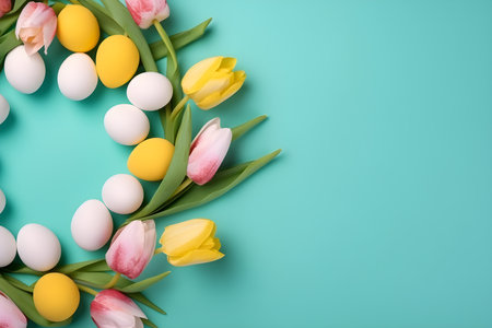 Easter eggs and tulips on blue background with copy space.の素材