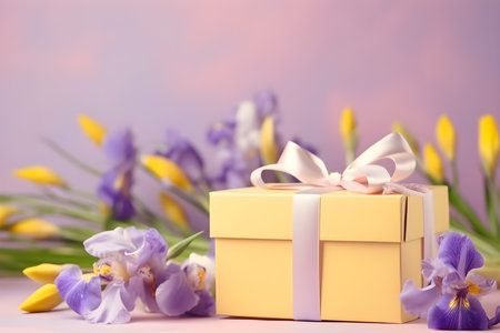 Gift box and bouquet of iris flowers on a pink backgroundの素材