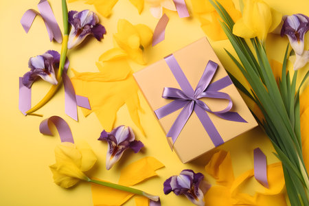 Gift box with ribbon and flowers on color background, closeupの素材