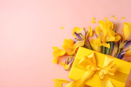 Beautiful bouquet of freesia flowers and gift box on color backgroundの素材