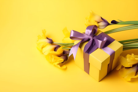 Beautiful bouquet of irises and gift box on color backgroundの素材