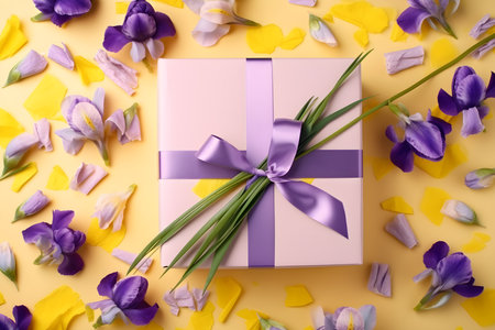 Gift box with purple ribbon and iris flowers on yellow backgroundの素材