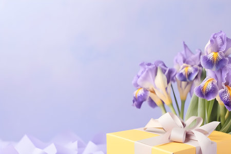 Gift box and bouquet of beautiful irises on light backgroundの素材