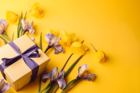 Gift box with purple ribbon and yellow iris flowers on yellow backgroundの素材
