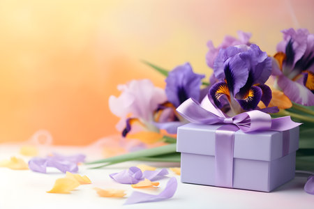 Beautiful bouquet of purple irises with a gift box on a bright backgroundの素材